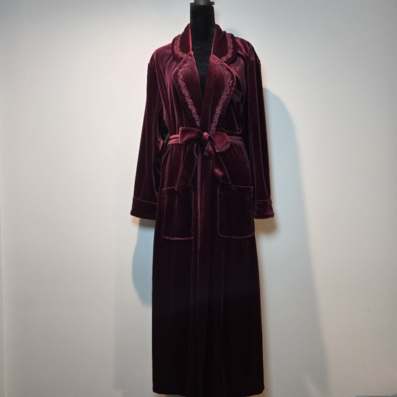 Jasmine Rose 90s Vintage Plush Maroon Velvet Full Length Robe With Belt Medium - Picture 1 of 9